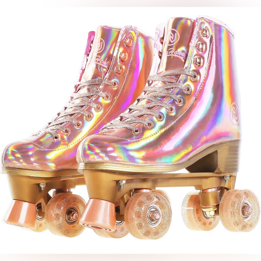 Holographic Roller Skates in Iridescent Pink Gold